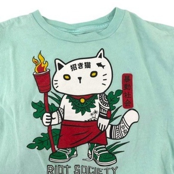 Riot Society Sugee Island Lucky Cat Mint Pastel Green T Shirt-Size L - Picture 3 of 5